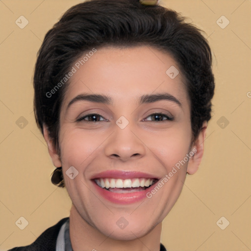 Joyful white young-adult female with short  black hair and brown eyes