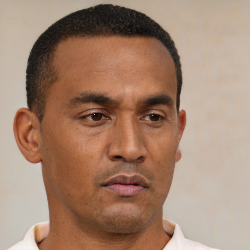 Neutral latino adult male with short  brown hair and brown eyes