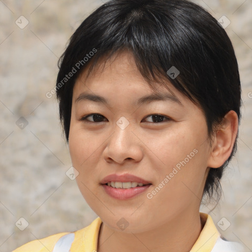 Joyful asian young-adult female with medium  brown hair and brown eyes