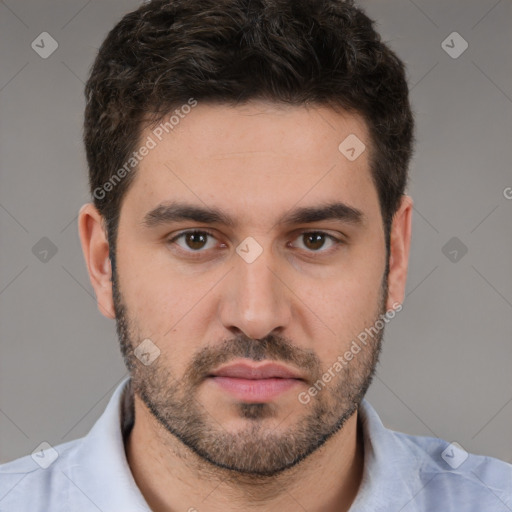 Neutral white young-adult male with short  brown hair and brown eyes