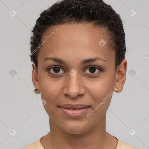 Joyful latino young-adult female with short  brown hair and brown eyes