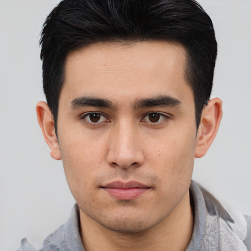 Neutral asian young-adult male with short  brown hair and brown eyes