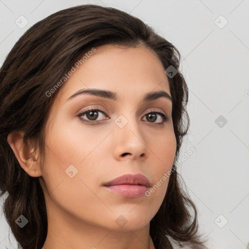 Neutral white young-adult female with medium  brown hair and brown eyes