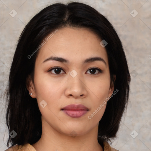 Joyful asian young-adult female with medium  black hair and brown eyes