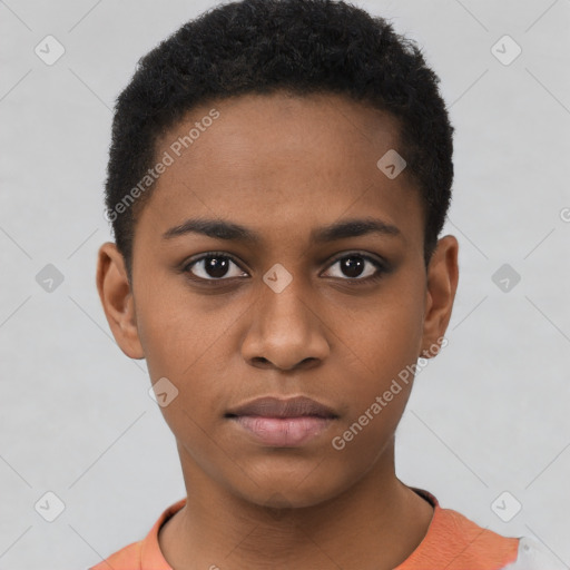 Neutral black young-adult female with short  brown hair and brown eyes