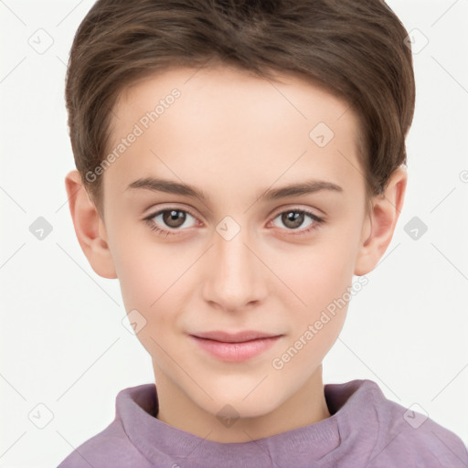 Joyful white child female with short  brown hair and brown eyes