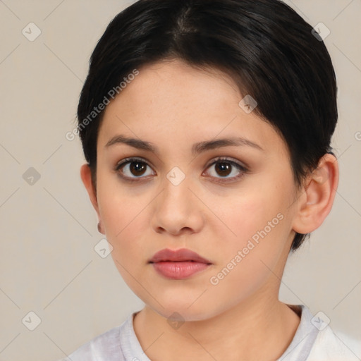 Neutral white young-adult female with medium  brown hair and brown eyes