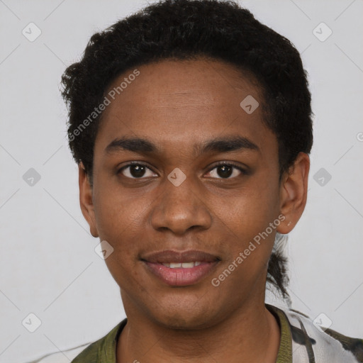 Joyful black young-adult male with short  black hair and brown eyes