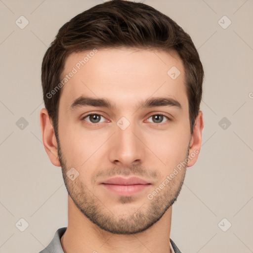 Neutral white young-adult male with short  brown hair and brown eyes