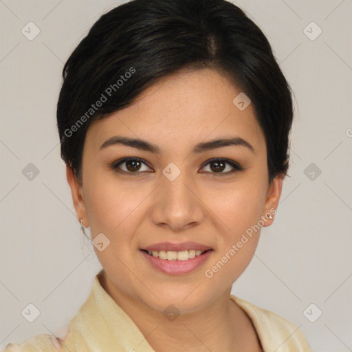 Joyful white young-adult female with short  black hair and brown eyes