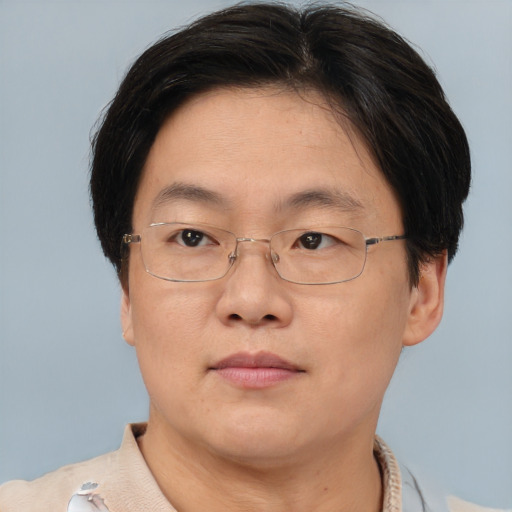 Joyful asian adult male with short  brown hair and brown eyes