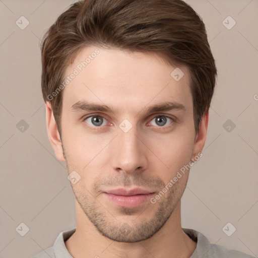 Neutral white young-adult male with short  brown hair and brown eyes