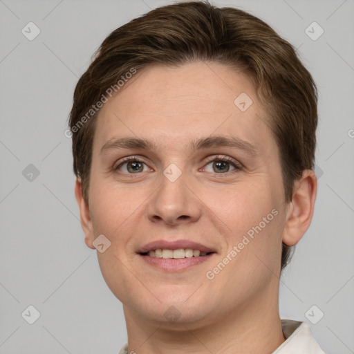 Joyful white young-adult female with short  brown hair and grey eyes