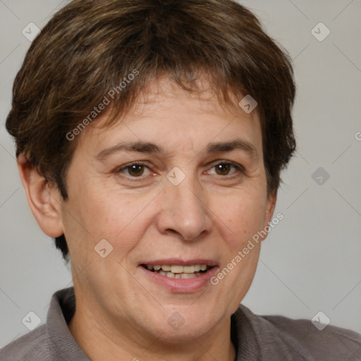 Joyful white adult female with short  brown hair and brown eyes