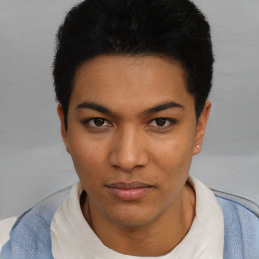 Neutral asian young-adult female with short  black hair and brown eyes