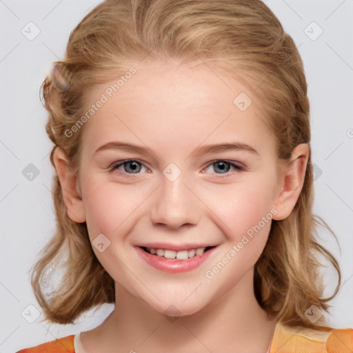 Joyful white child female with medium  brown hair and blue eyes