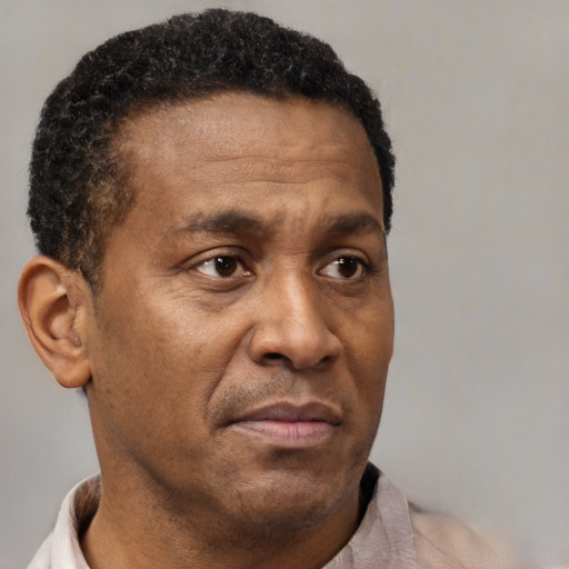 Neutral black adult male with short  brown hair and brown eyes