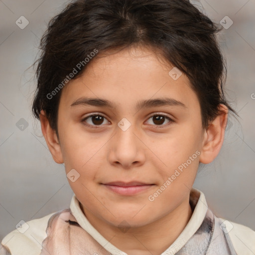 Joyful white child female with medium  brown hair and brown eyes