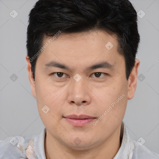 Neutral asian young-adult male with short  brown hair and brown eyes