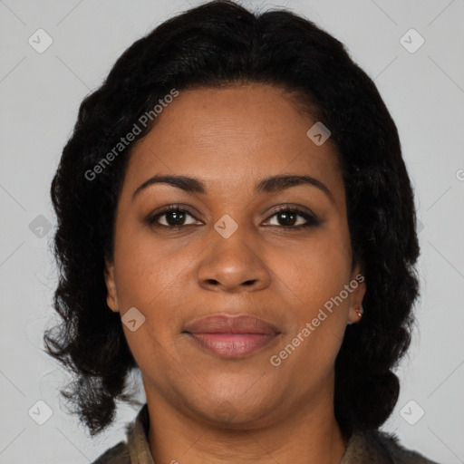 Joyful black young-adult female with medium  black hair and brown eyes