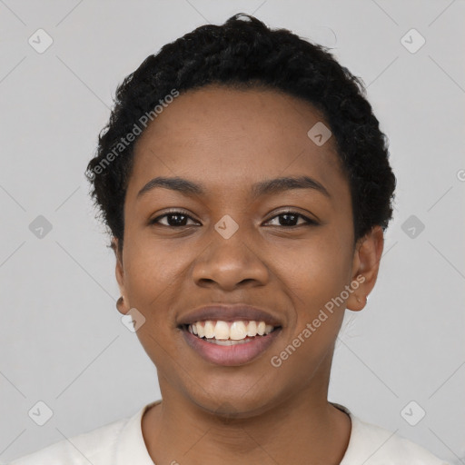 Joyful latino young-adult female with short  black hair and brown eyes