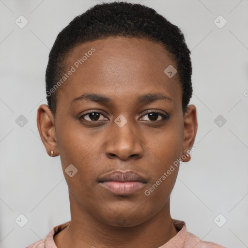 Neutral black young-adult female with short  brown hair and brown eyes