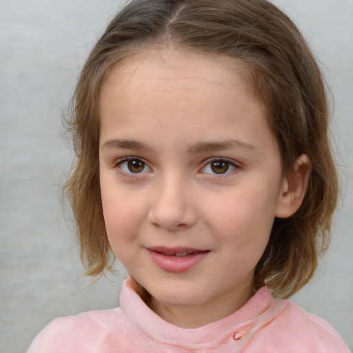 Joyful white child female with medium  brown hair and brown eyes