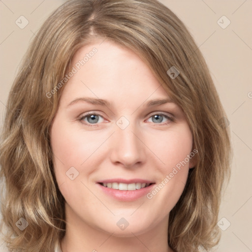 Joyful white young-adult female with medium  brown hair and green eyes