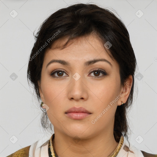 Neutral white young-adult female with medium  brown hair and brown eyes