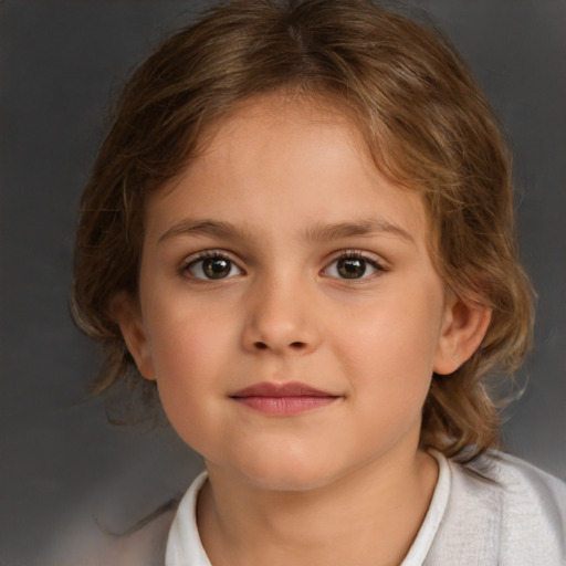 Joyful white child female with medium  brown hair and brown eyes