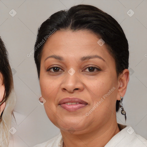 Joyful white adult female with medium  brown hair and brown eyes