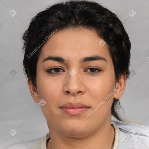 Neutral asian young-adult female with short  brown hair and brown eyes