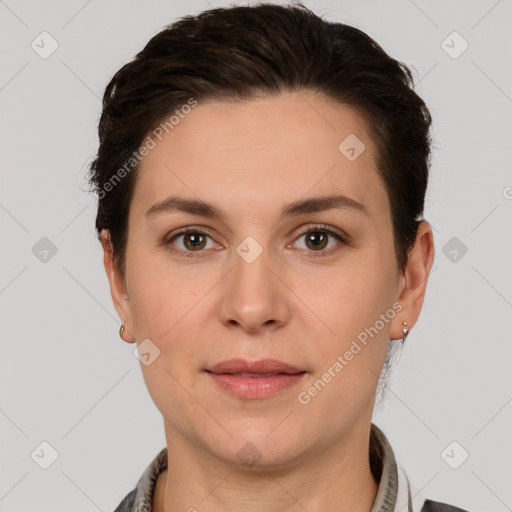 Neutral white young-adult female with short  brown hair and brown eyes