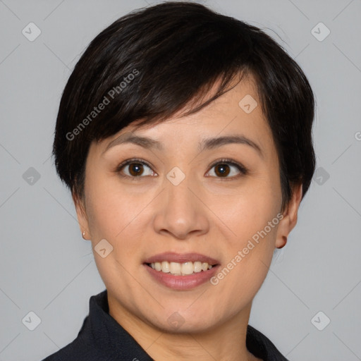 Joyful white young-adult female with medium  black hair and brown eyes