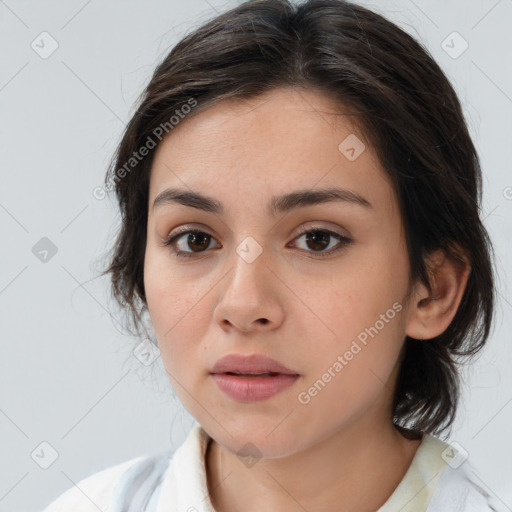 Neutral white young-adult female with medium  brown hair and brown eyes