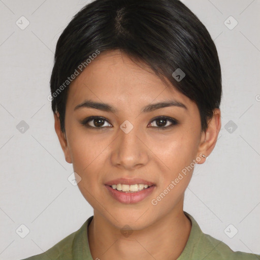 Joyful asian young-adult female with short  black hair and brown eyes