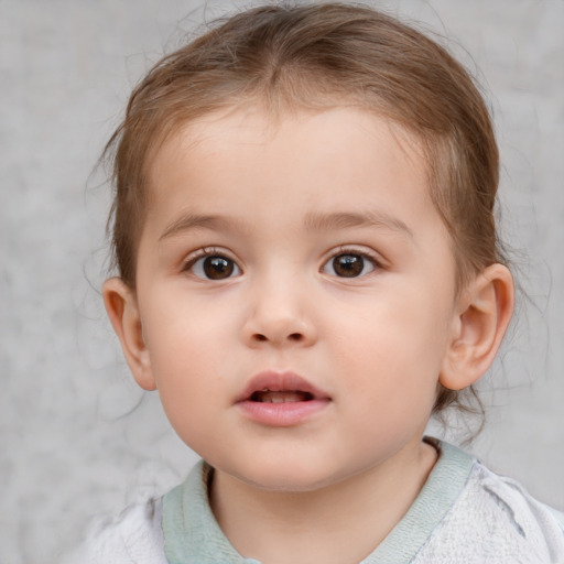 Neutral white child female with medium  brown hair and blue eyes