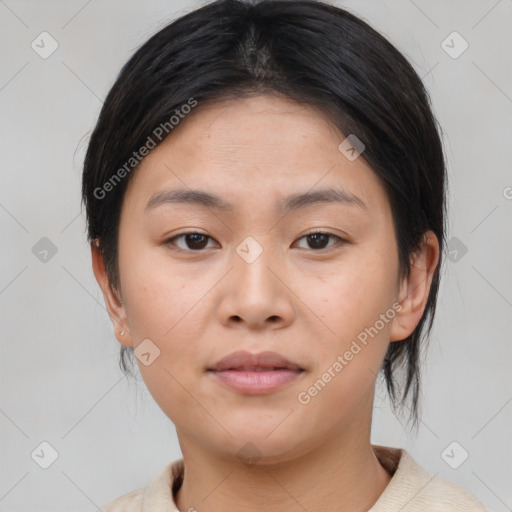 Neutral asian young-adult female with medium  brown hair and brown eyes