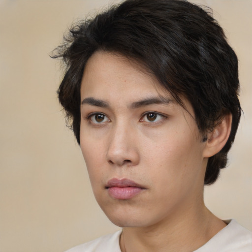 Neutral asian young-adult male with short  brown hair and brown eyes