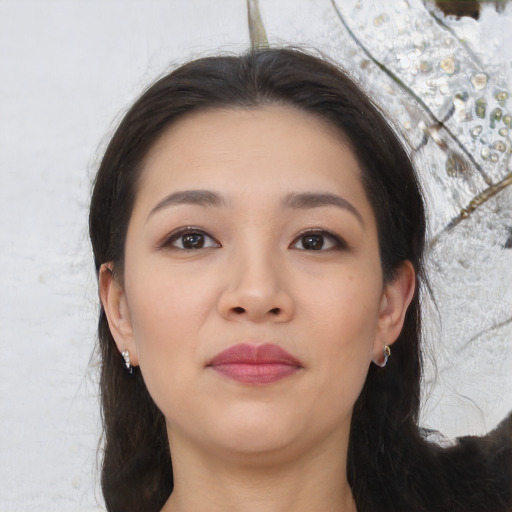Neutral asian young-adult female with medium  brown hair and brown eyes