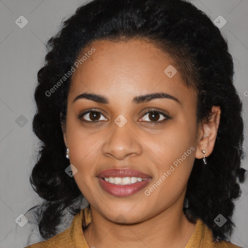 Joyful latino young-adult female with long  black hair and brown eyes