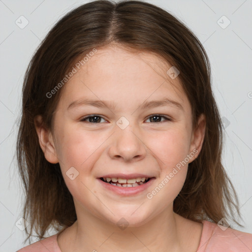 Joyful white child female with medium  brown hair and brown eyes