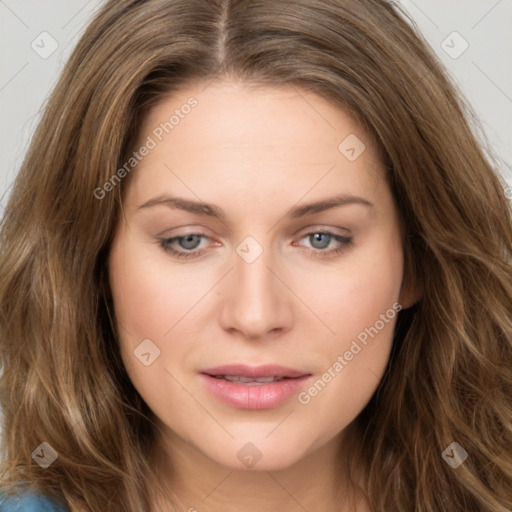 Joyful white young-adult female with long  brown hair and green eyes