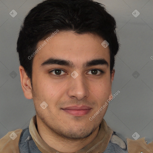 Joyful latino young-adult male with short  brown hair and brown eyes