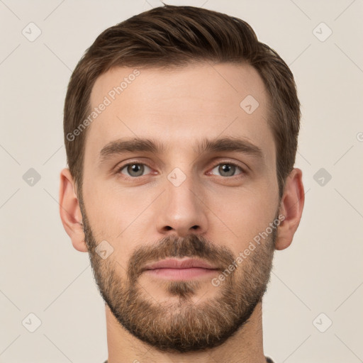 Neutral white young-adult male with short  brown hair and grey eyes