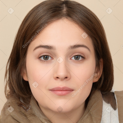 Neutral white young-adult female with medium  brown hair and brown eyes