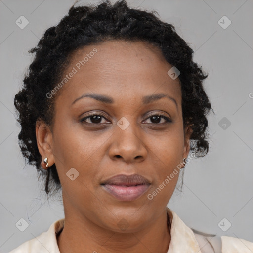 Joyful black adult female with medium  brown hair and brown eyes