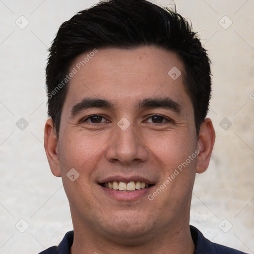 Joyful white young-adult male with short  black hair and brown eyes