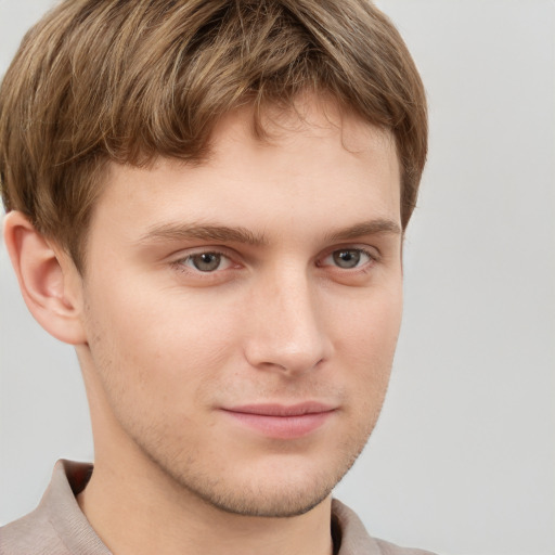 Neutral white young-adult male with short  brown hair and grey eyes