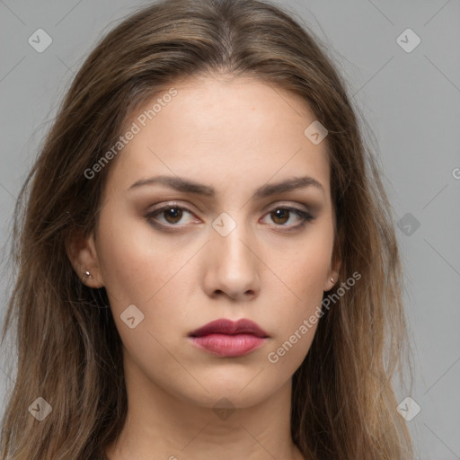 Neutral white young-adult female with long  brown hair and brown eyes